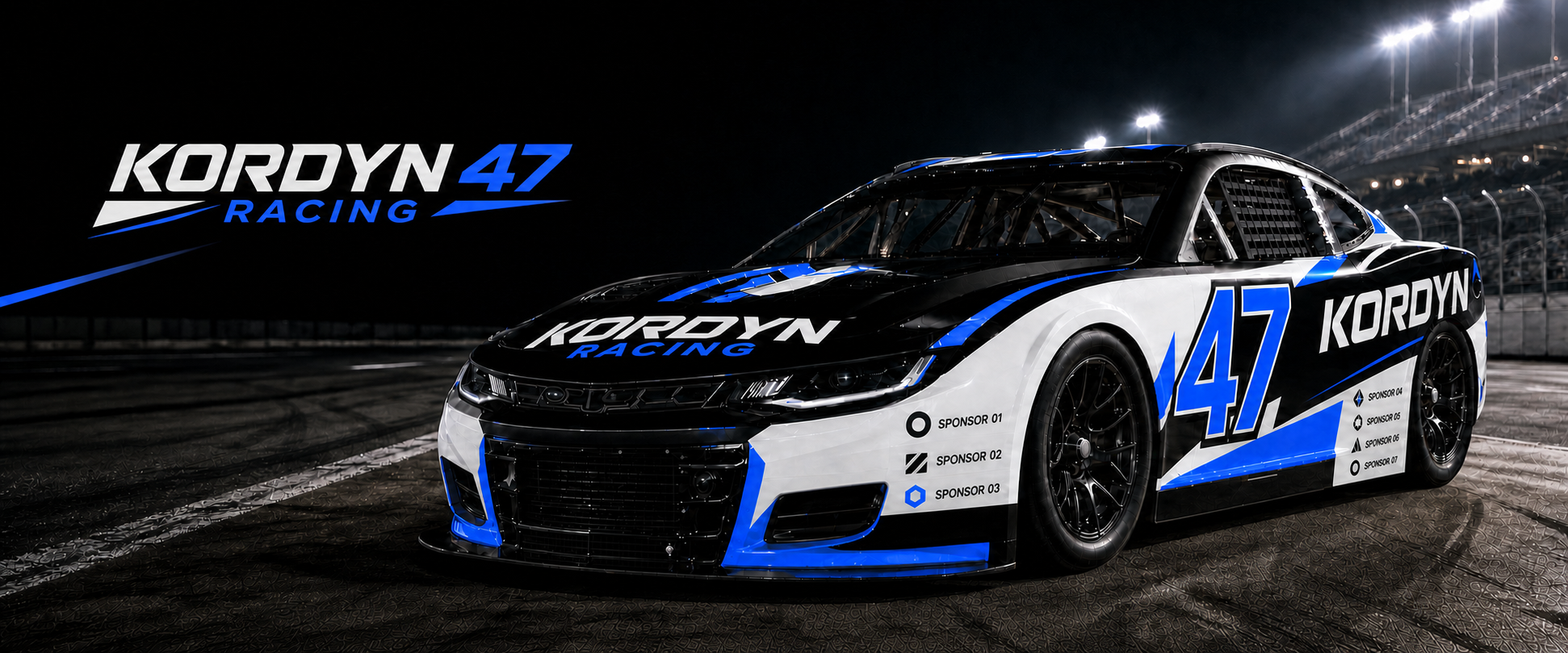 Example Kordyn 47 Racing NASCAR team sponsor microsite featuring the fictional blue number 47 car